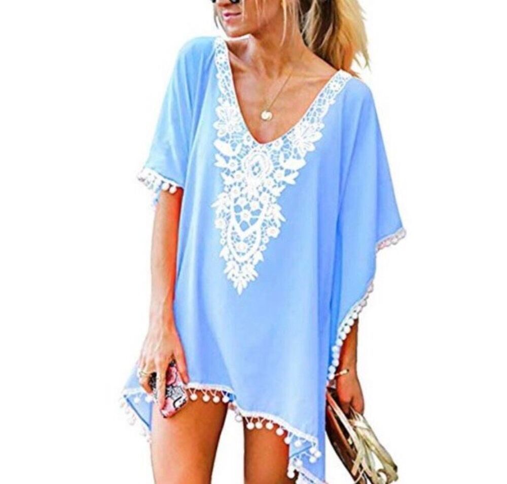 NWT cpikrtwso Powder, blue lace and pom-pom, sheer, bathing suit, cover-up, size